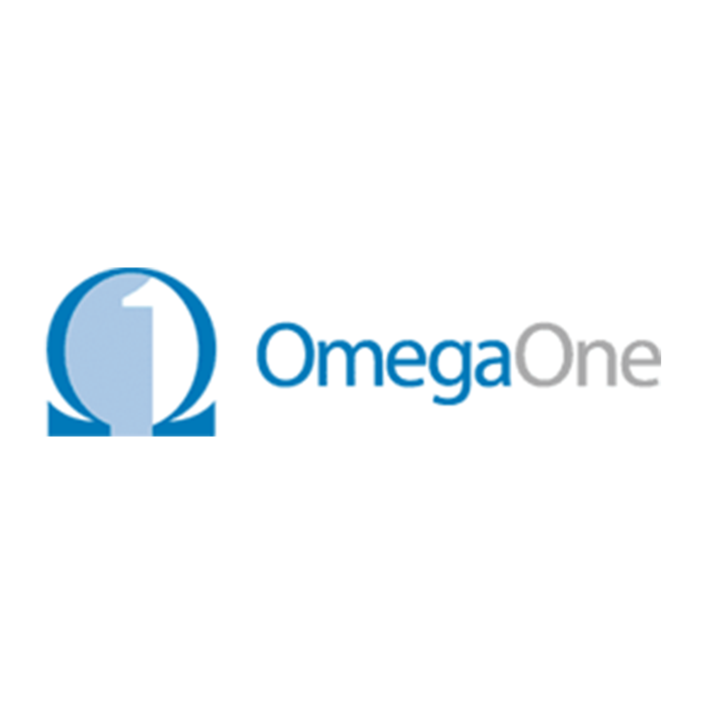 OmegaOne logo with blue stylized omega icon and gray-blue wordmark on white background