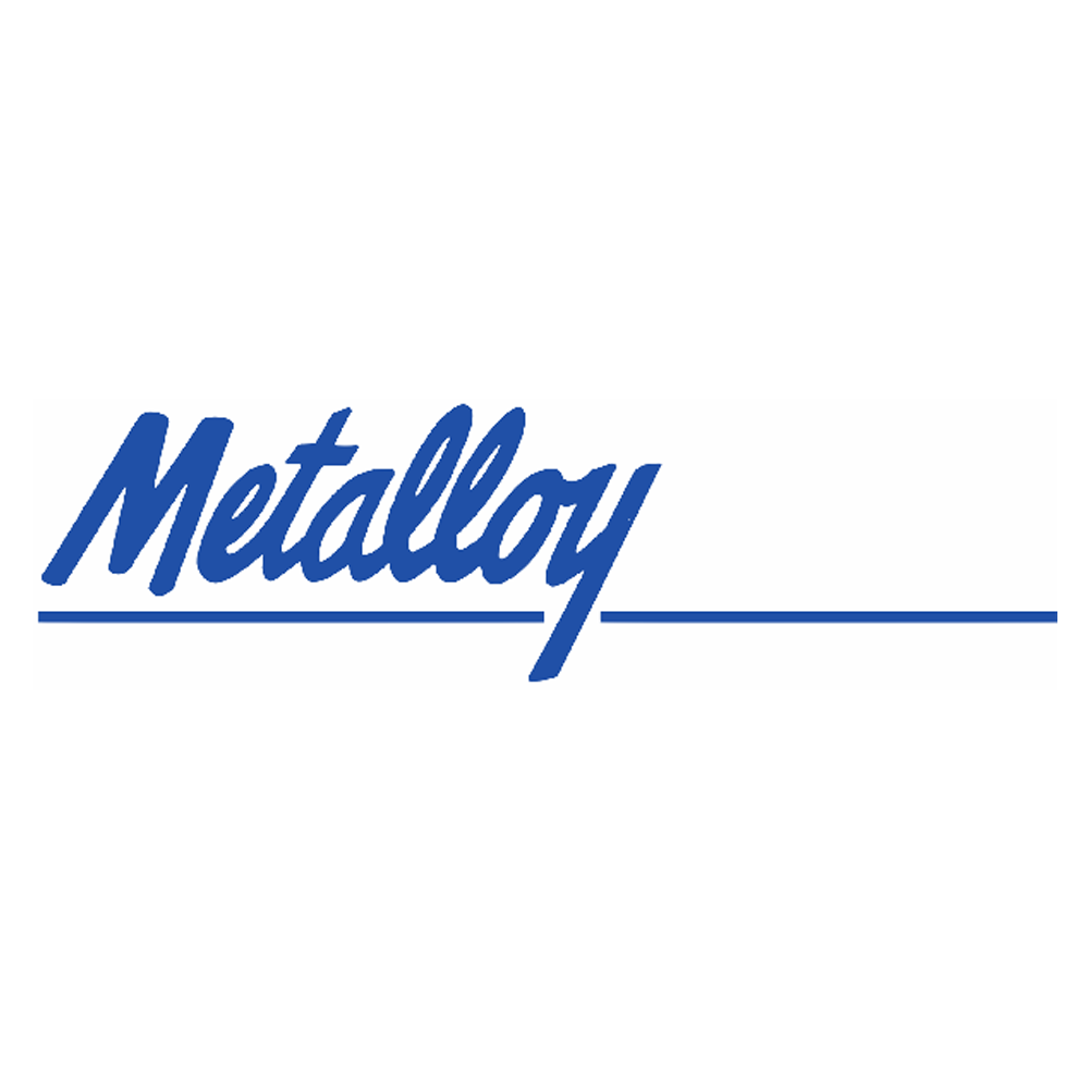 Metalloy logo in blue script with a horizontal line on a white background