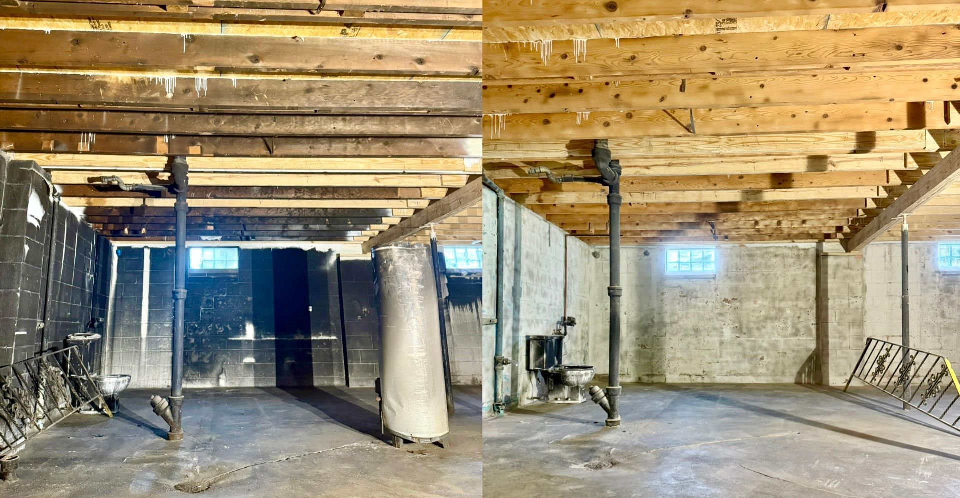 soda blasting smoke damage from floor joist and block walls