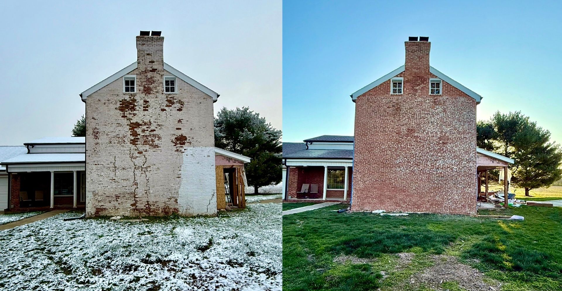 before and after sandblasting paint from a brick homr