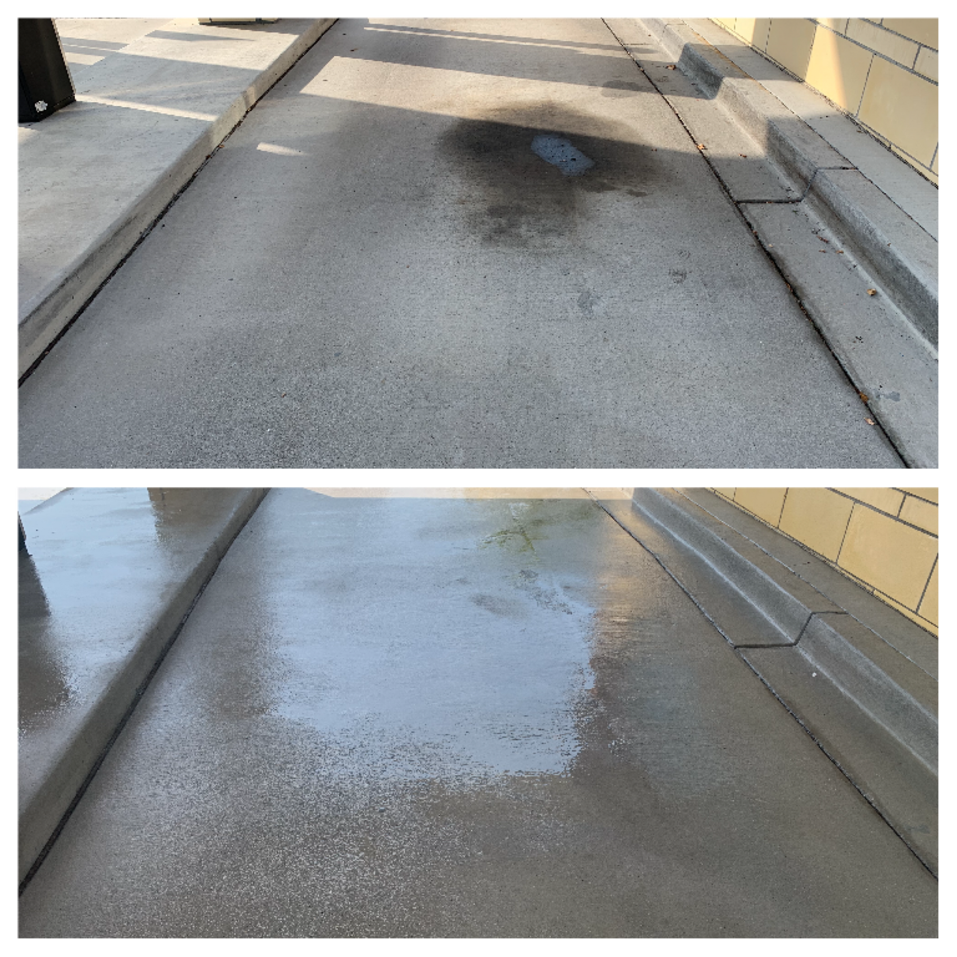 dirty concrete section and after pressure washing stains