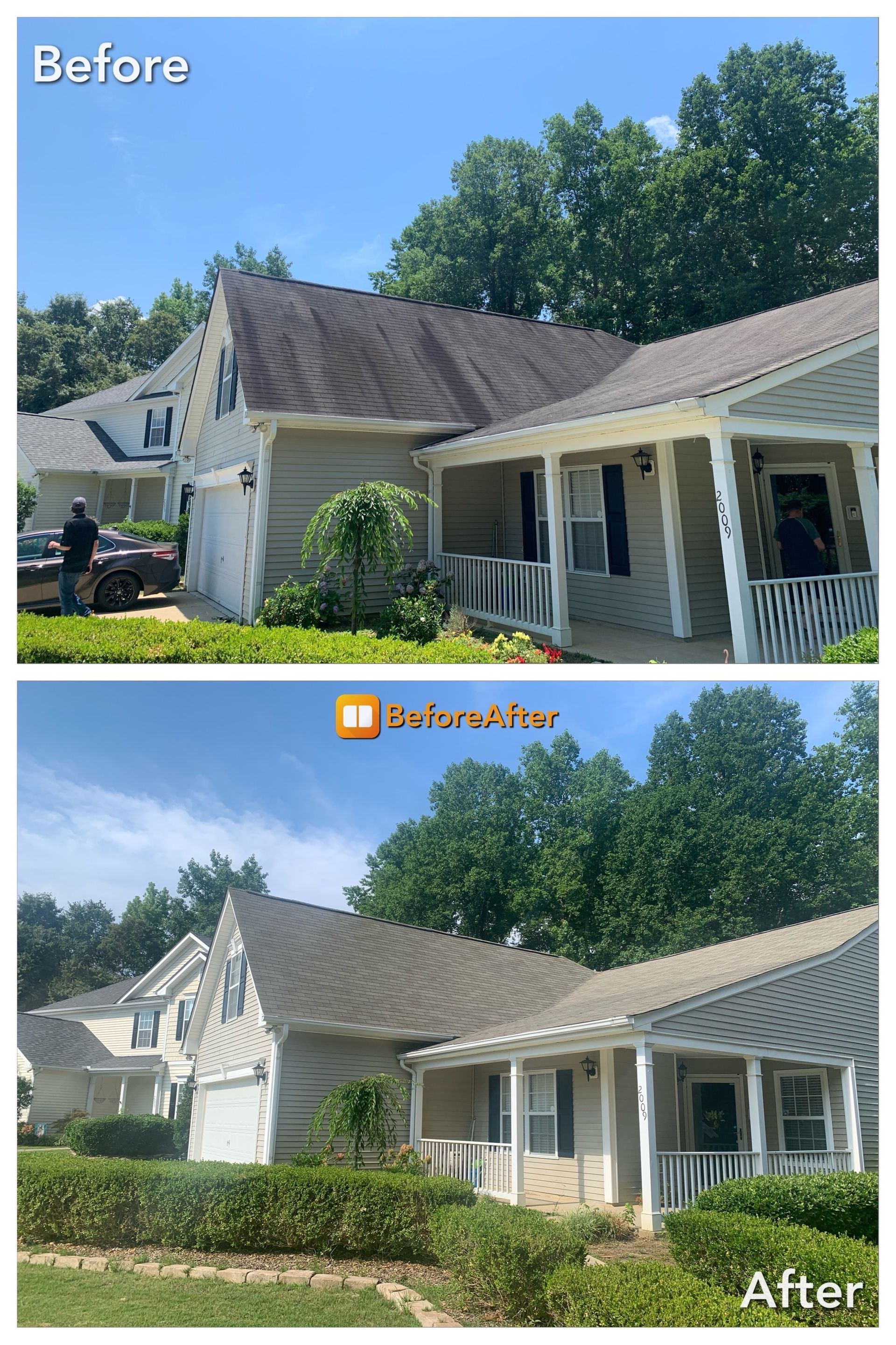roof with streaks and after roof washing