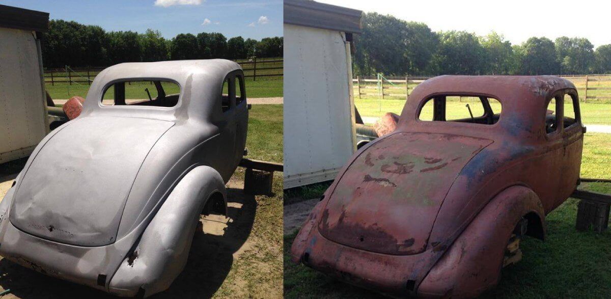 A before and after photo of an old car after being sandblasted to prep for paint