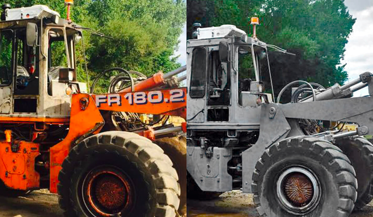 A picture of a tractor before and after being painted.