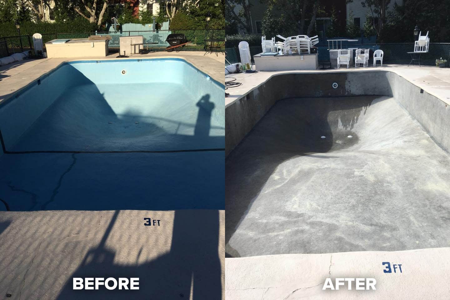 Before and after of sandblasted concrete pool