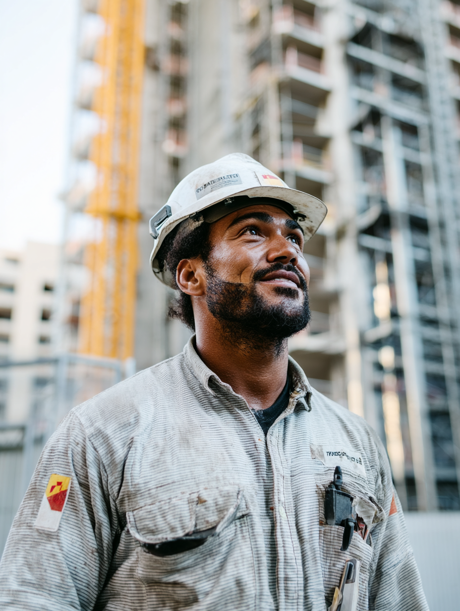 A man wearing a hard hat is standing in front of a building under construction.