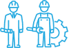 Two construction workers are standing next to each other holding tools.