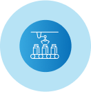 A conveyor belt icon in a blue circle on a white background.