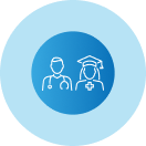 An icon of a doctor and a nurse in a blue circle.