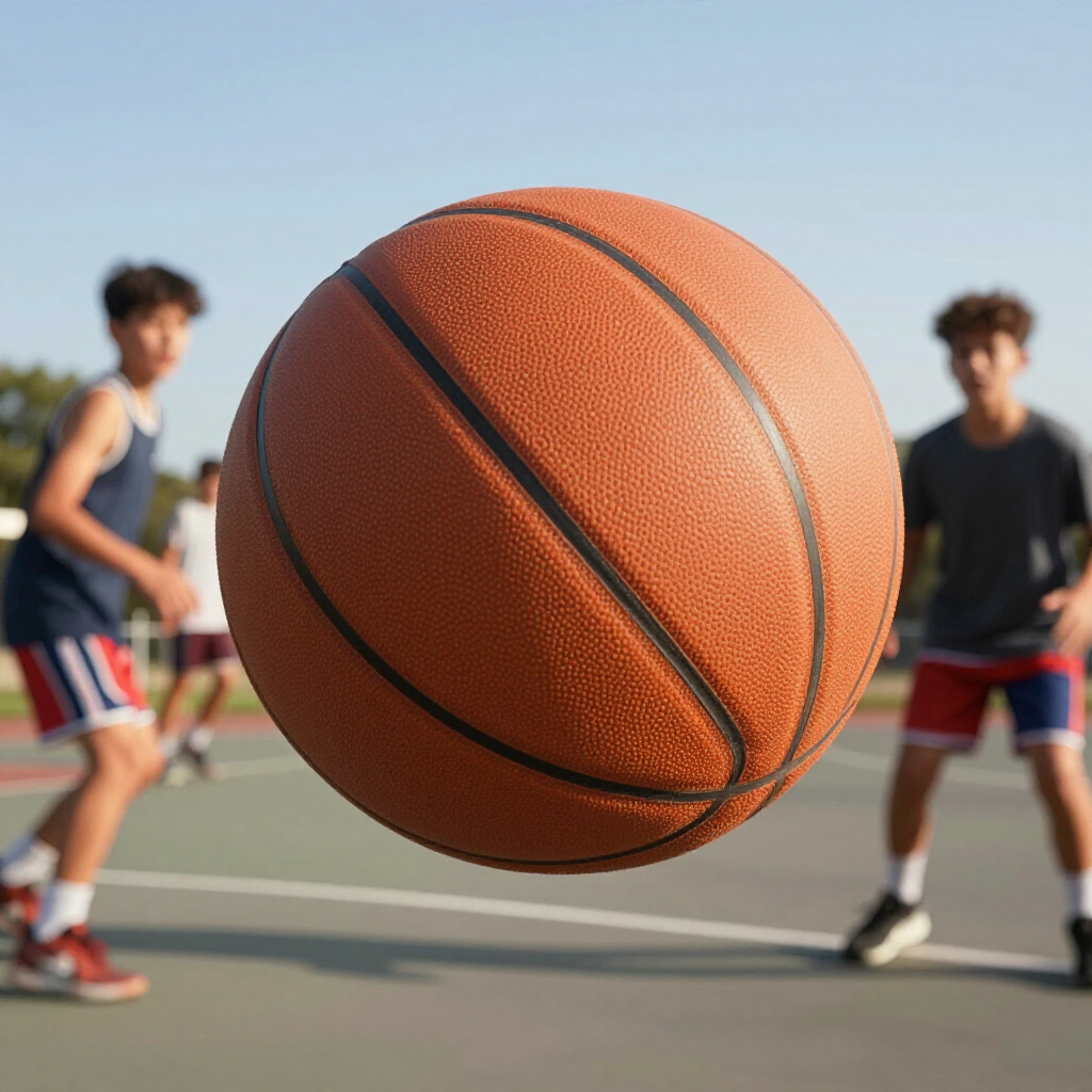 A basketball in sharp focus sits in the foreground, with two players blurred in the background on an outdoor court.