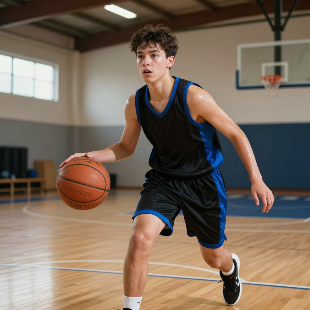 A person in a black and blue basketball uniform dribbling a basketball on an indoor court.