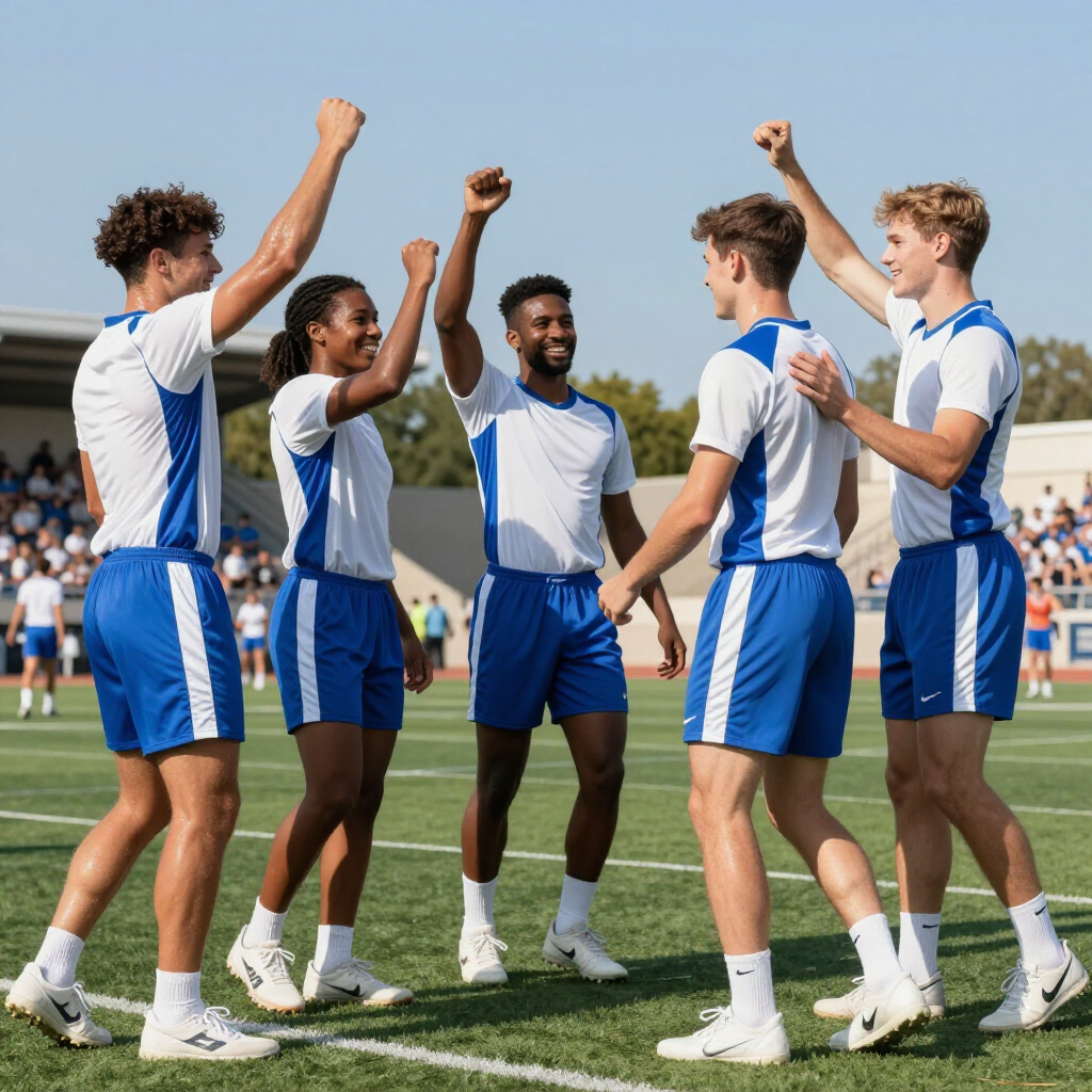 Five athletes in white and blue uniforms cheer together on a sunny outdoor sports field.