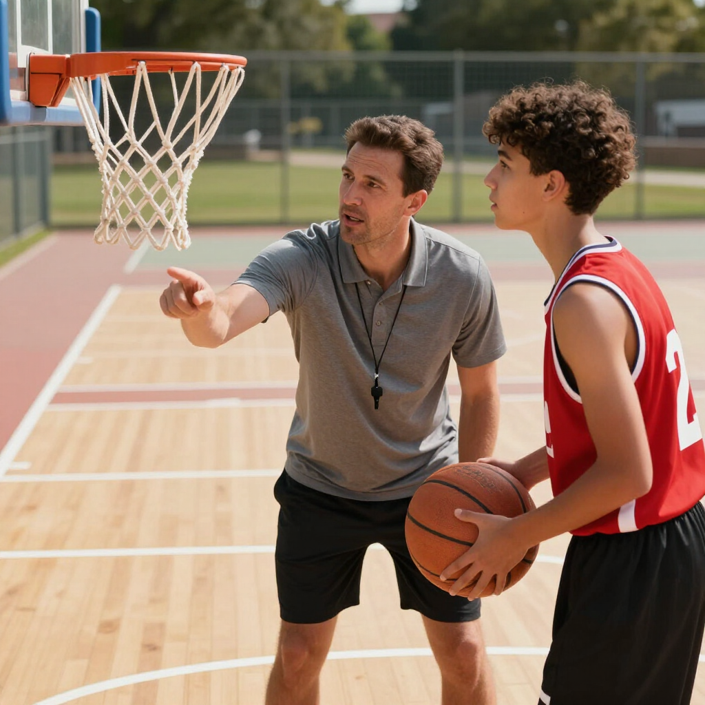 A coach points toward a basketball hoop while instructing a young player holding a ball on an outdoor court.