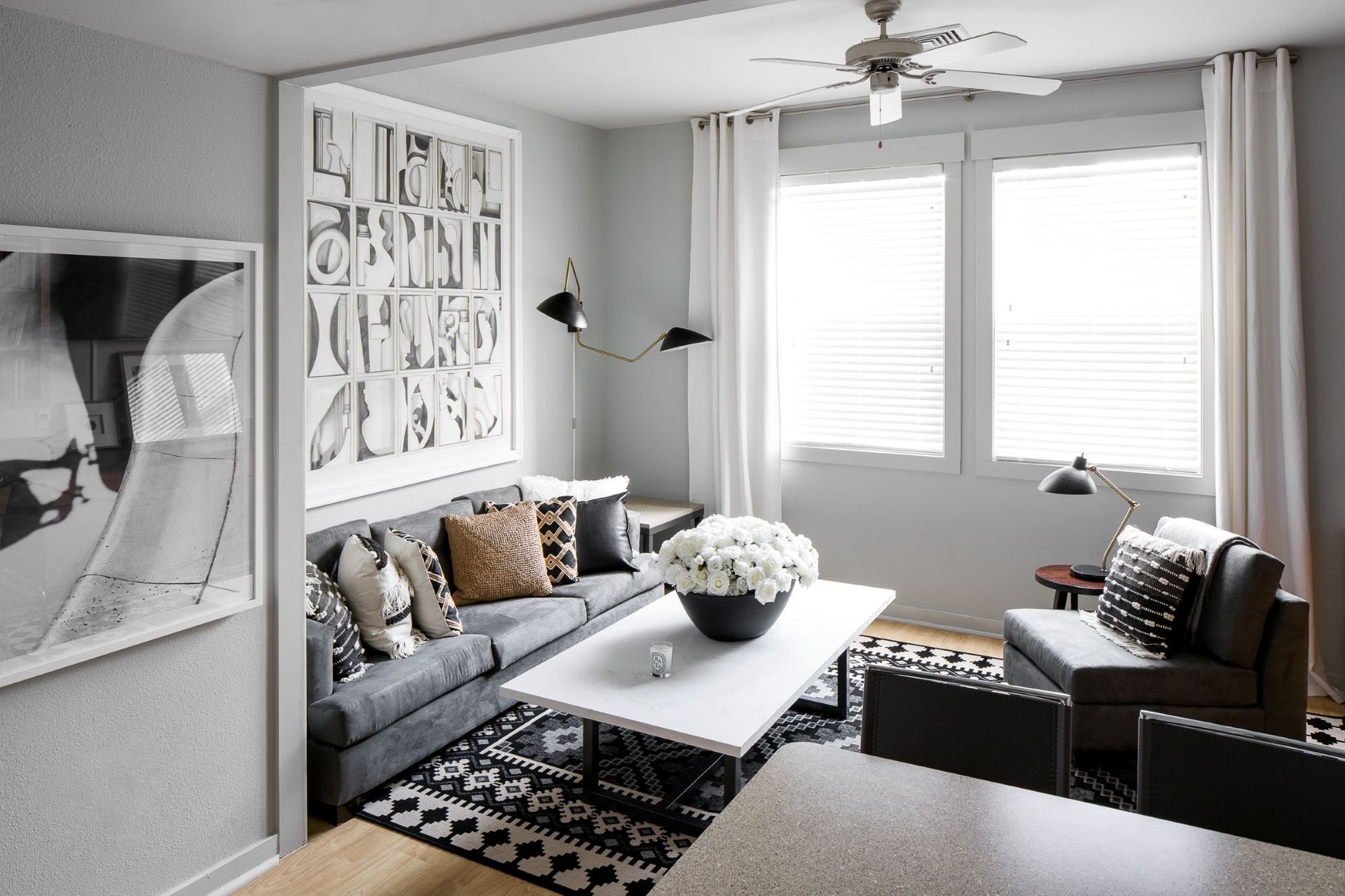 Modern furnished living room in Hawks Ridge student apartment, Iowa City