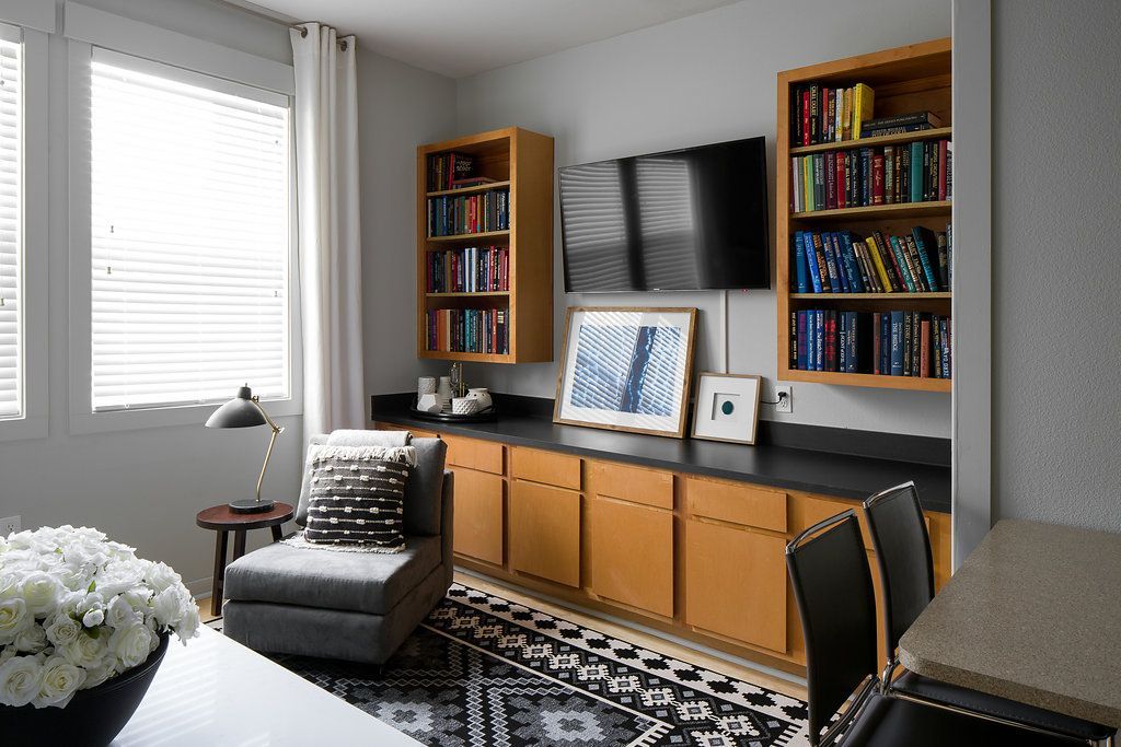 Modern furnished living room in Hawks Ridge student apartment, Iowa City
