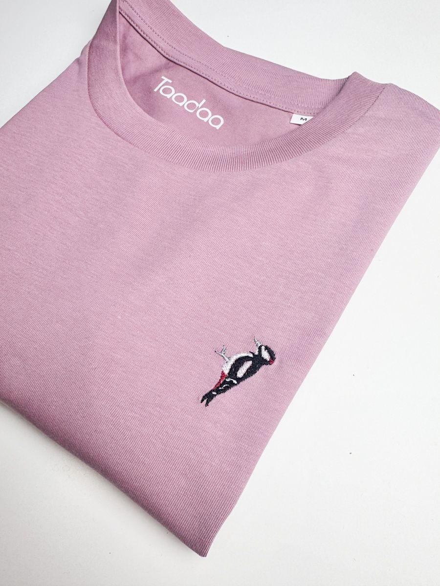 T-shirts van biologisch katoen met specht, voor natuurliefhebber, geborduurd icoontje
