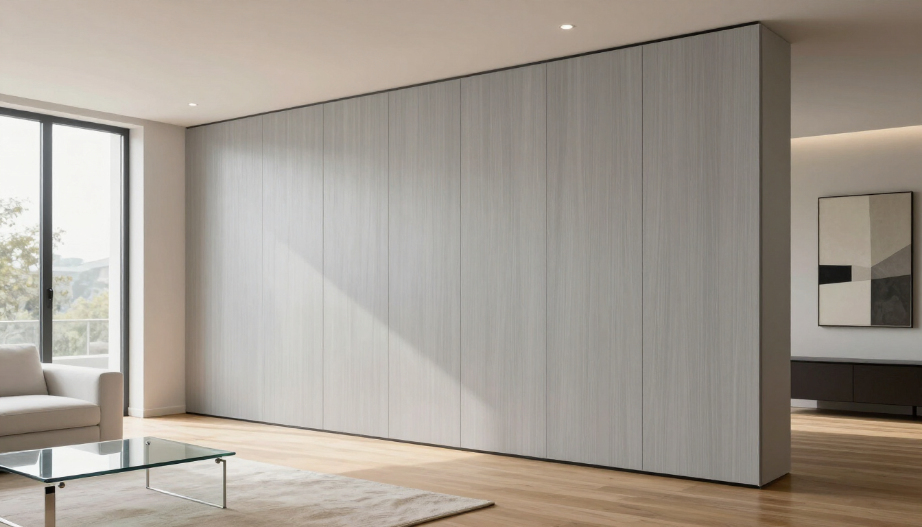 Salón moderno minimalista con una gran pared corredera blanca, sofá beige y ventanales del suelo al techo.