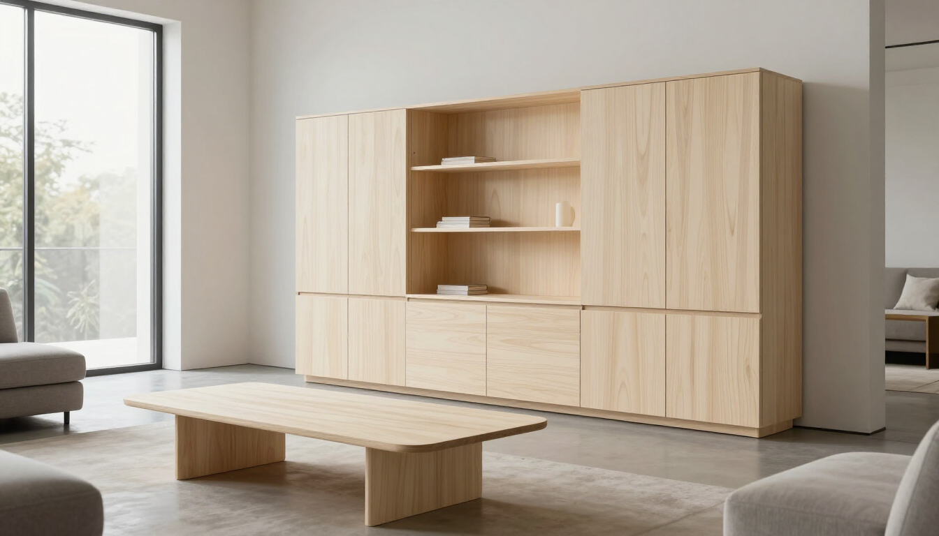 Salón minimalista con un mueble de pared de madera clara y una mesa de centro a juego junto a una gran ventana.