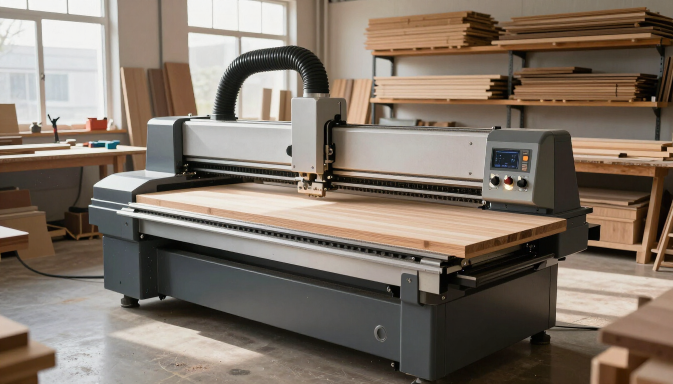 Gran máquina CNC en un taller con estanterías, tablones de madera y herramientas al fondo.
