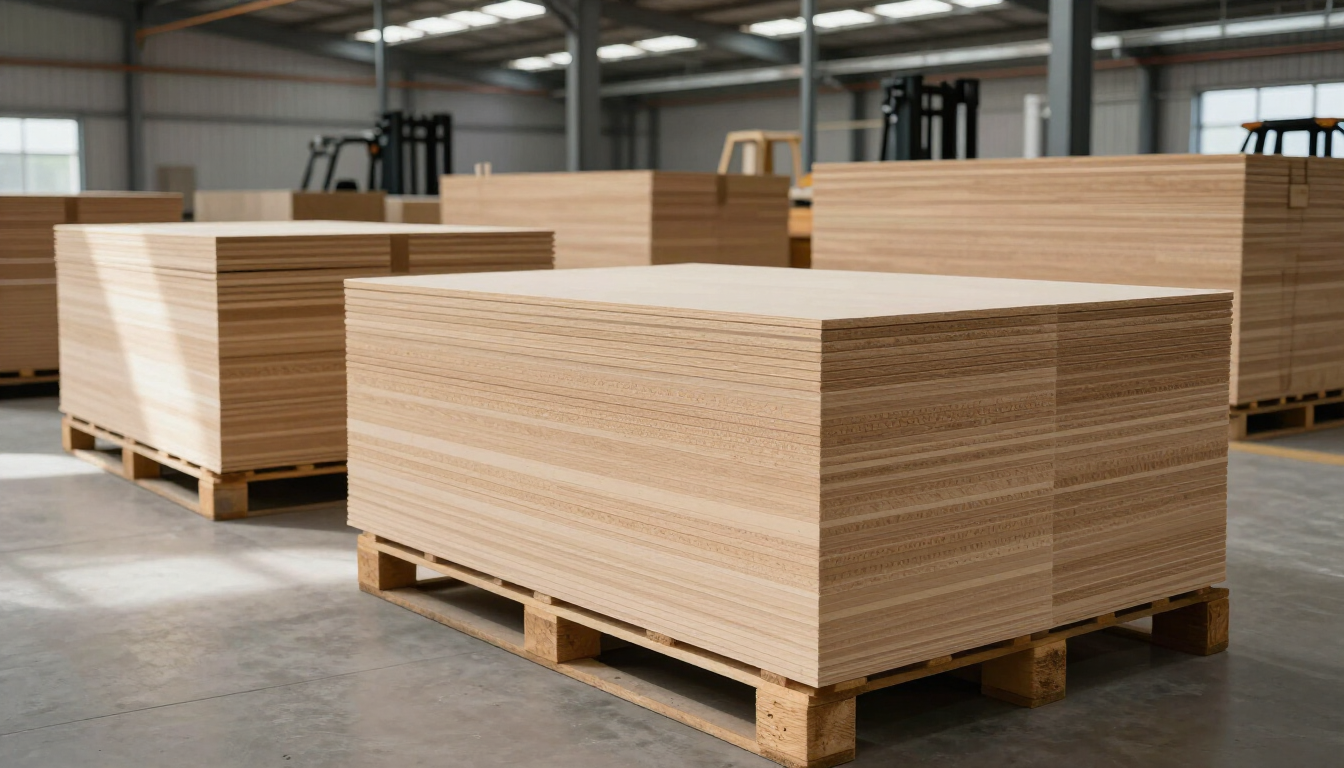 Pilas de grandes láminas de madera contrachapada sobre palés de madera en un almacén.