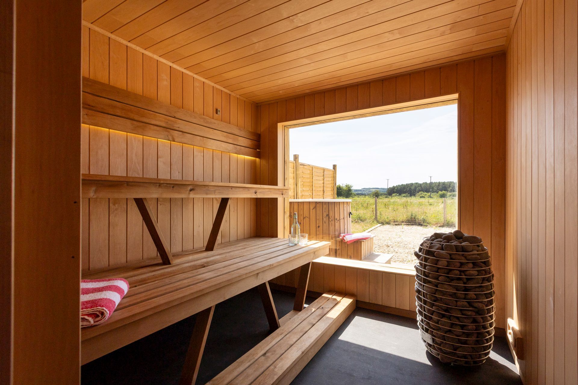 Dry sauna with views across fields