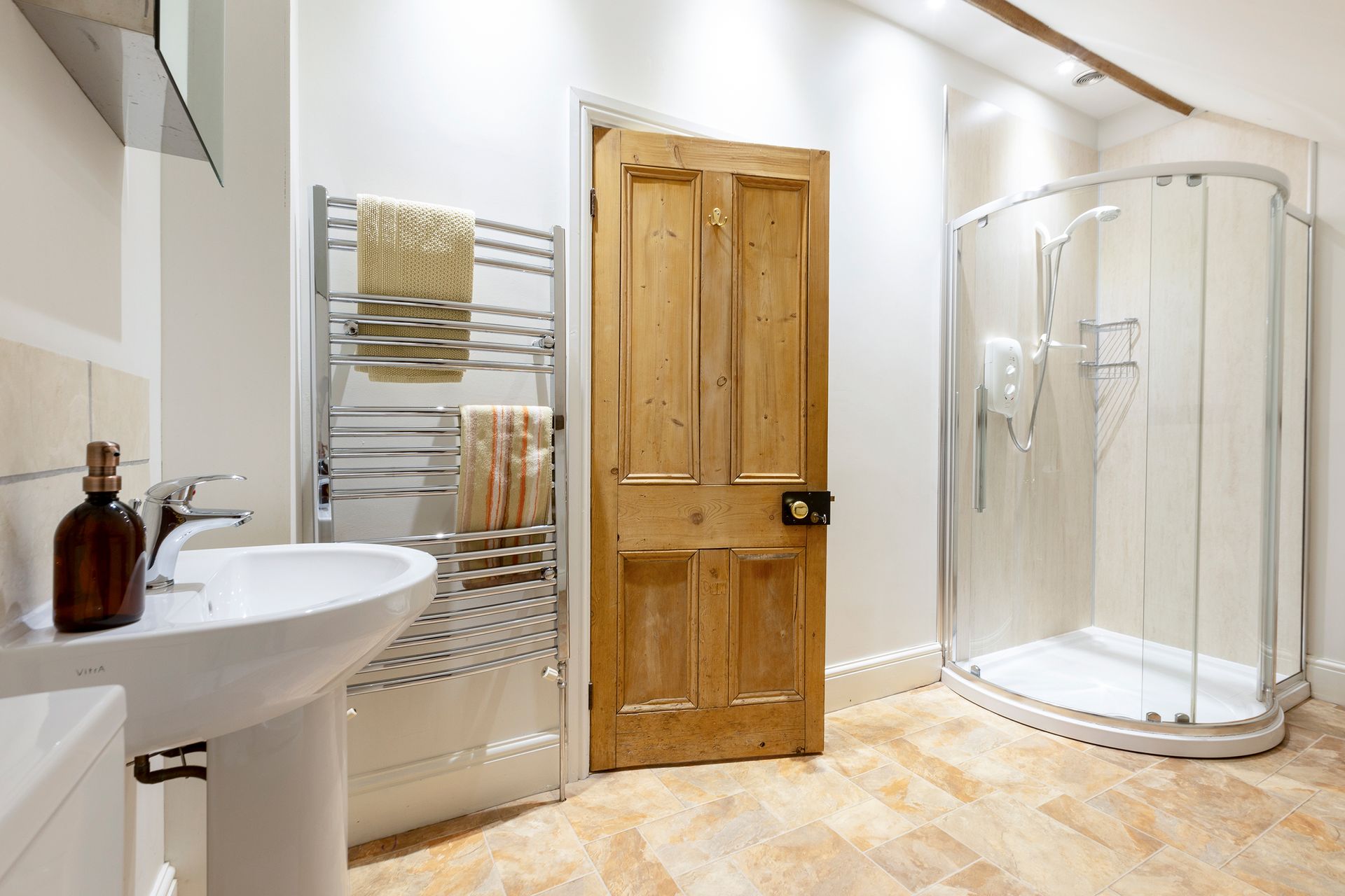 shower room with original wooden door