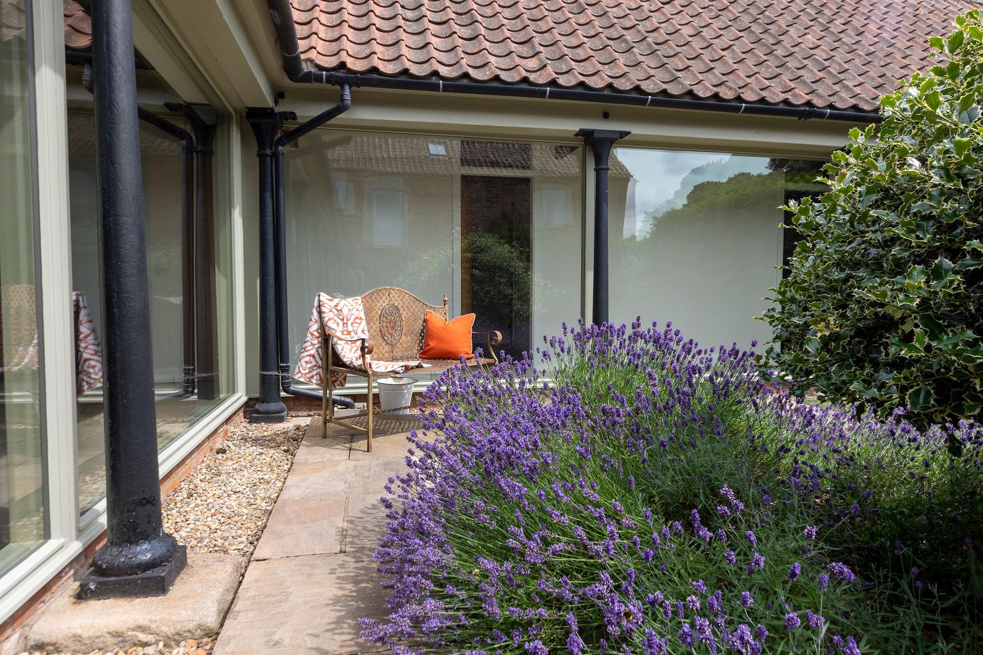 garden bench and large windows