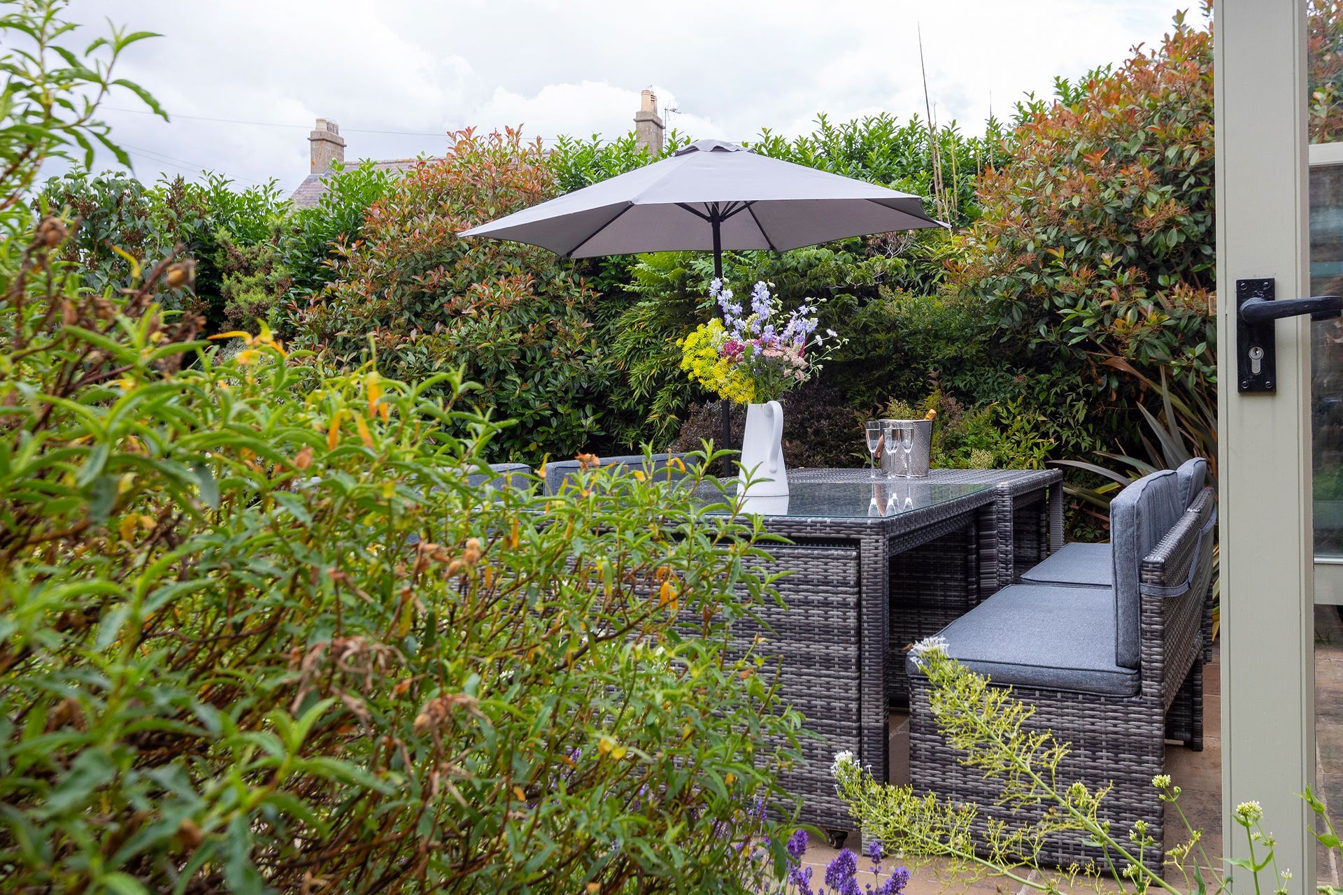 outdoor seating with parasol