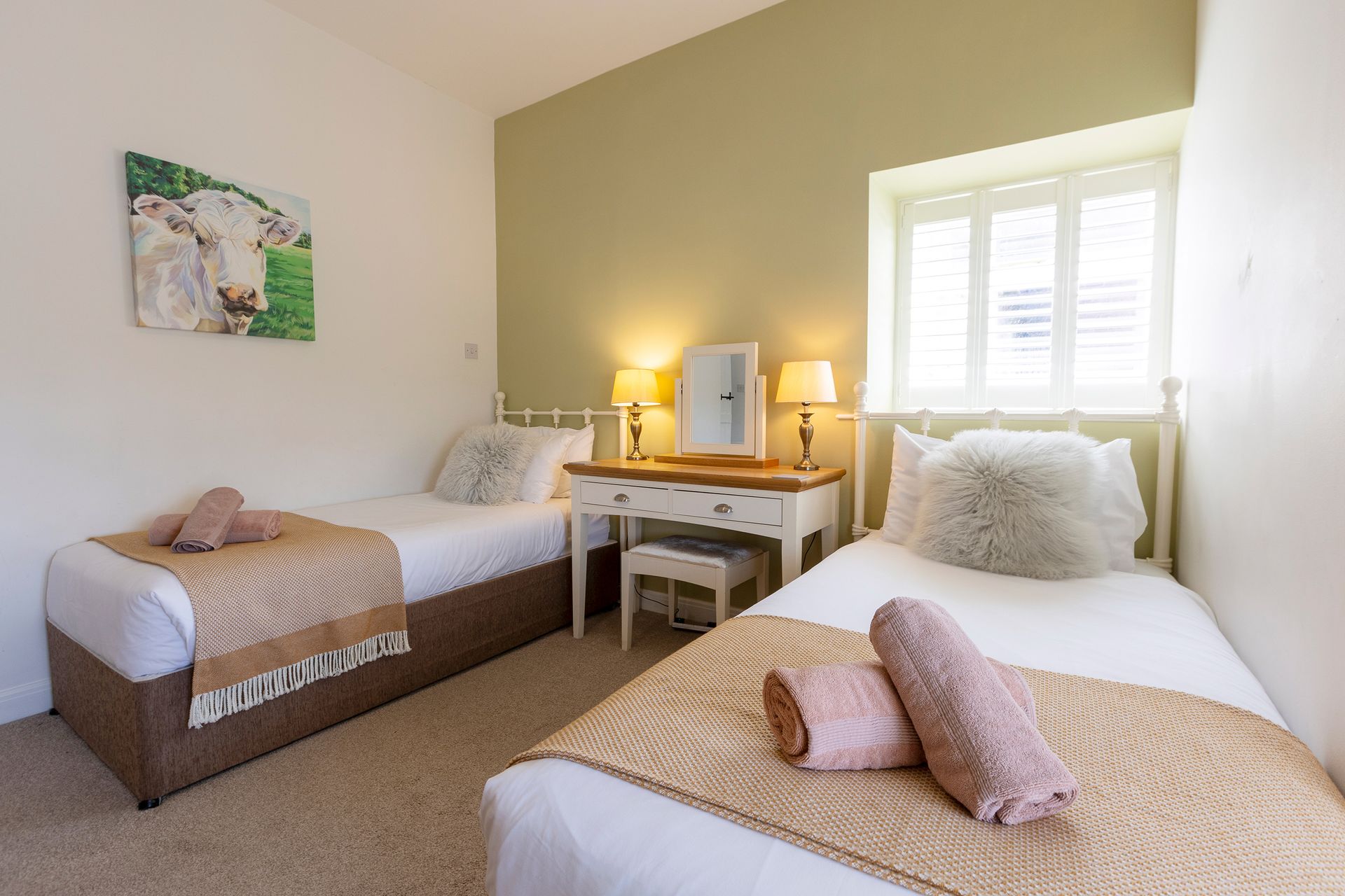 Twin beds with fluffy cushions