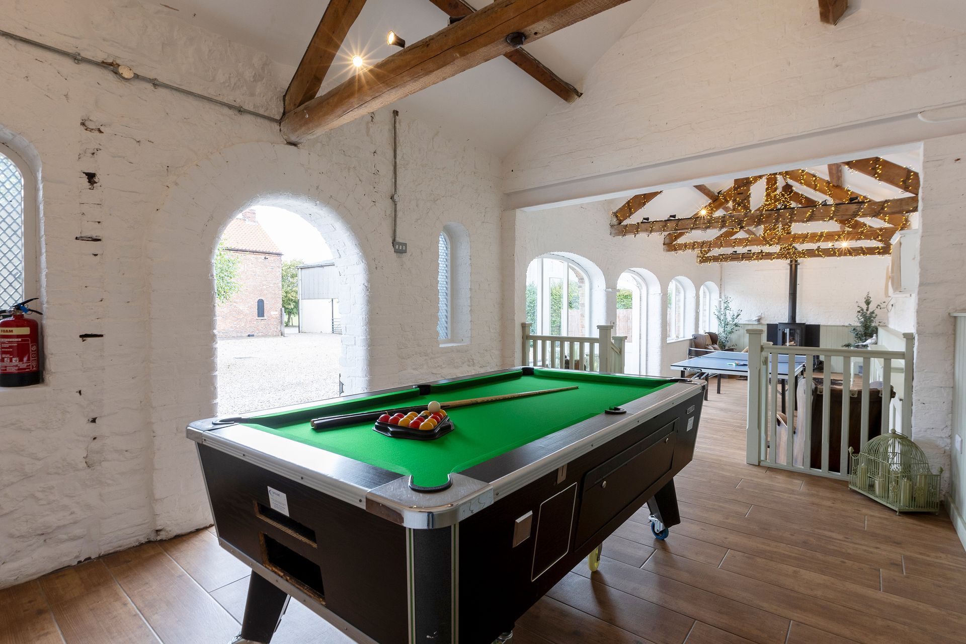Pool table and exposed beams