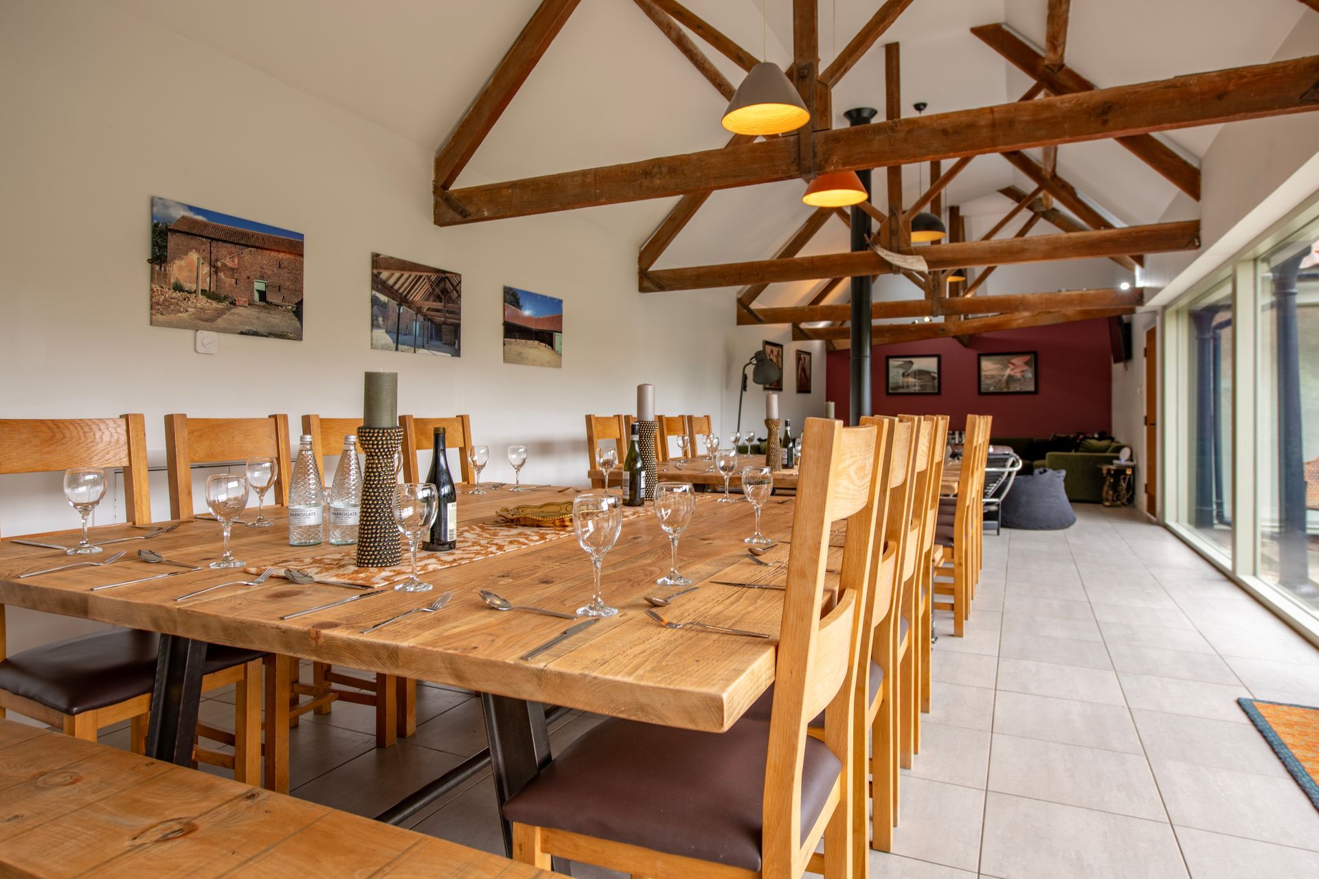 two huge dining tables seating up to 28 guests