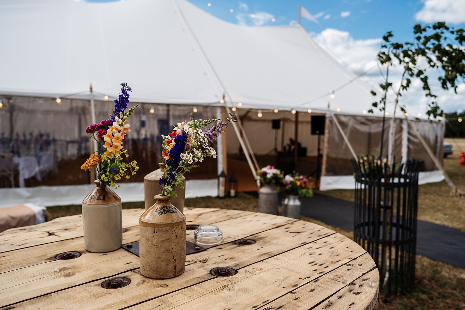 Pole marquee with festoon lighting and wild flowers in a field