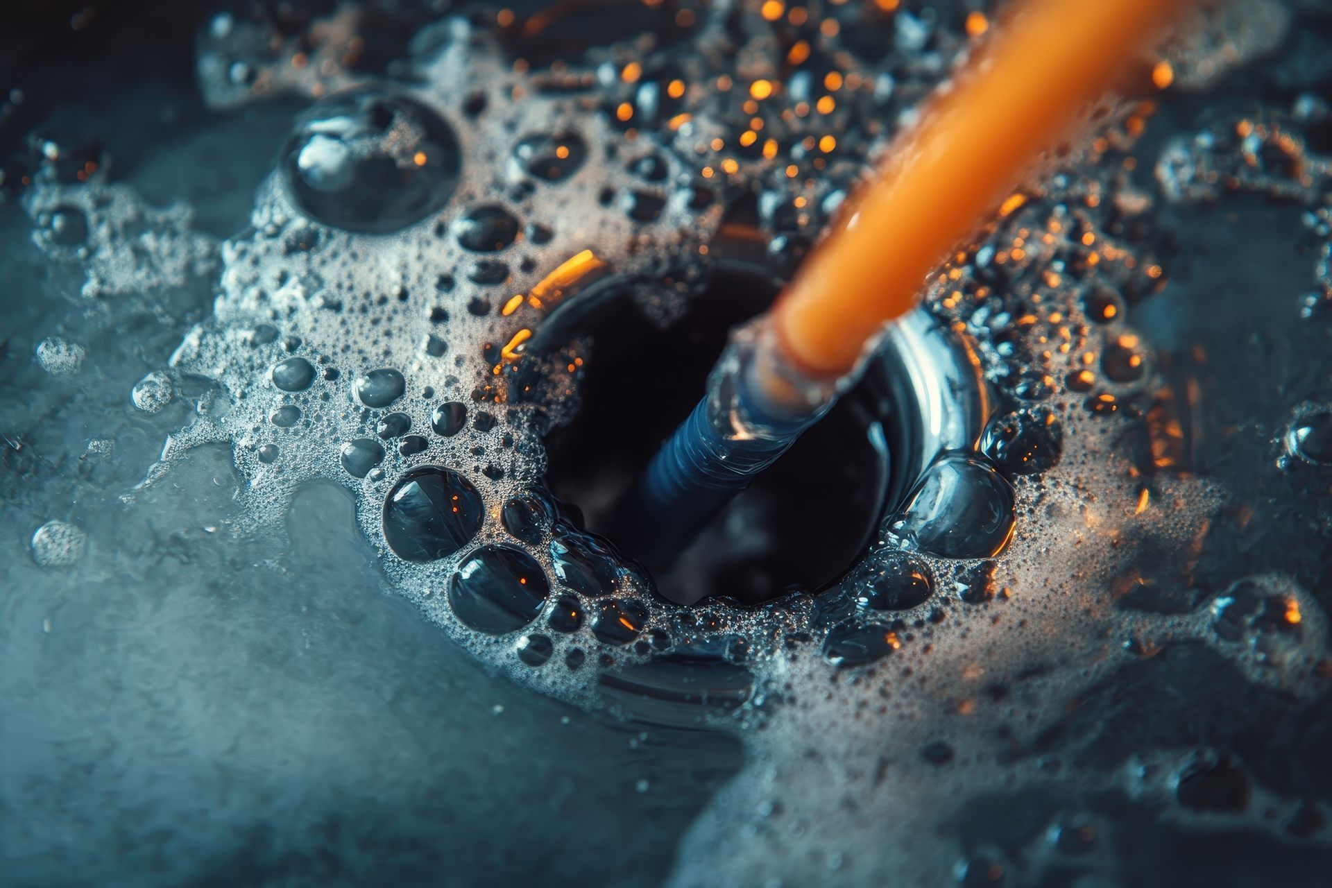 Des bulles entourent un drain contenant un tube semblable à une paille. Liquide foncé et paille orange.