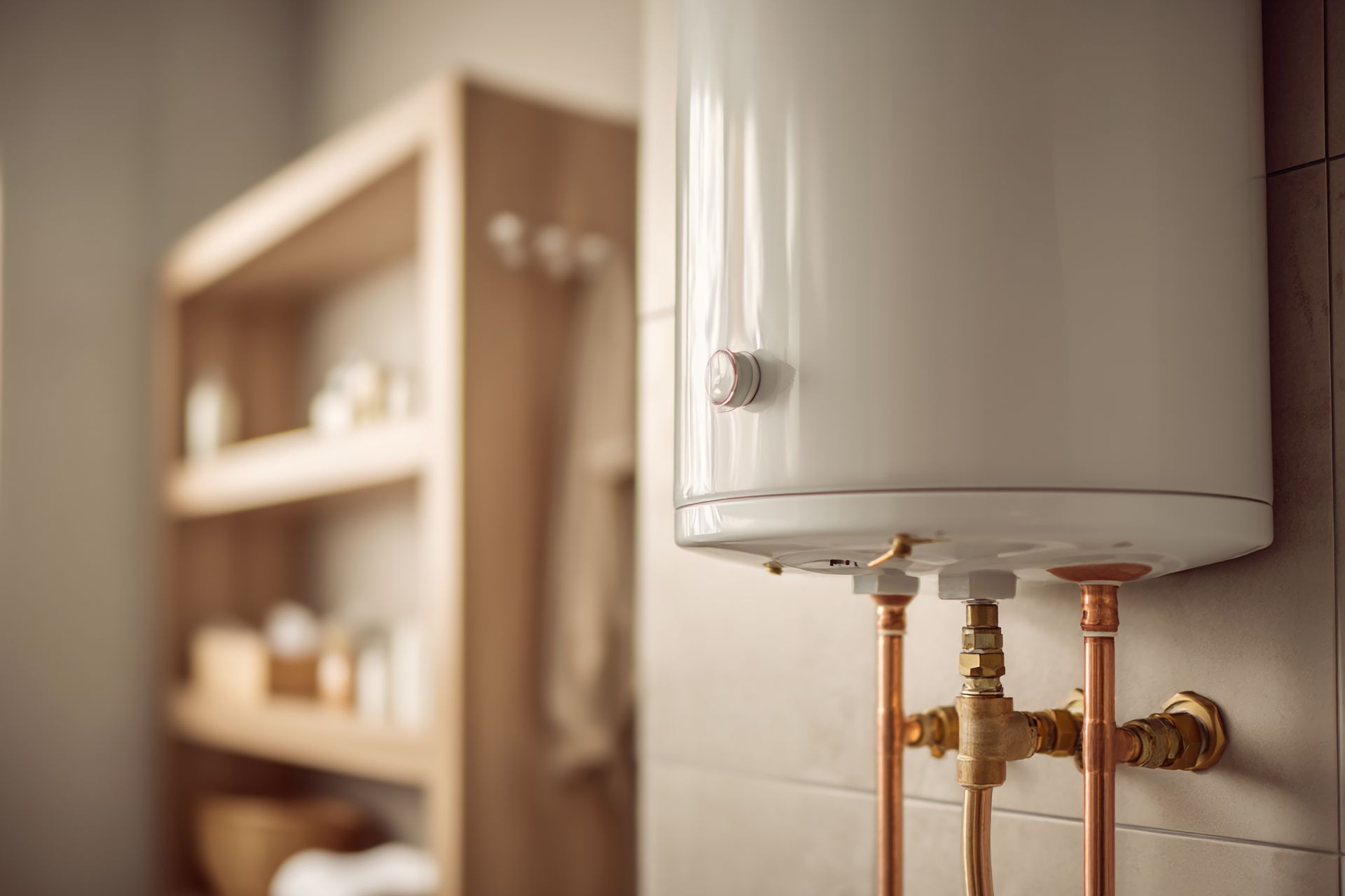 Chauffe-eau à tuyaux en cuivre dans une salle de bains, près d'une étagère en bois.
