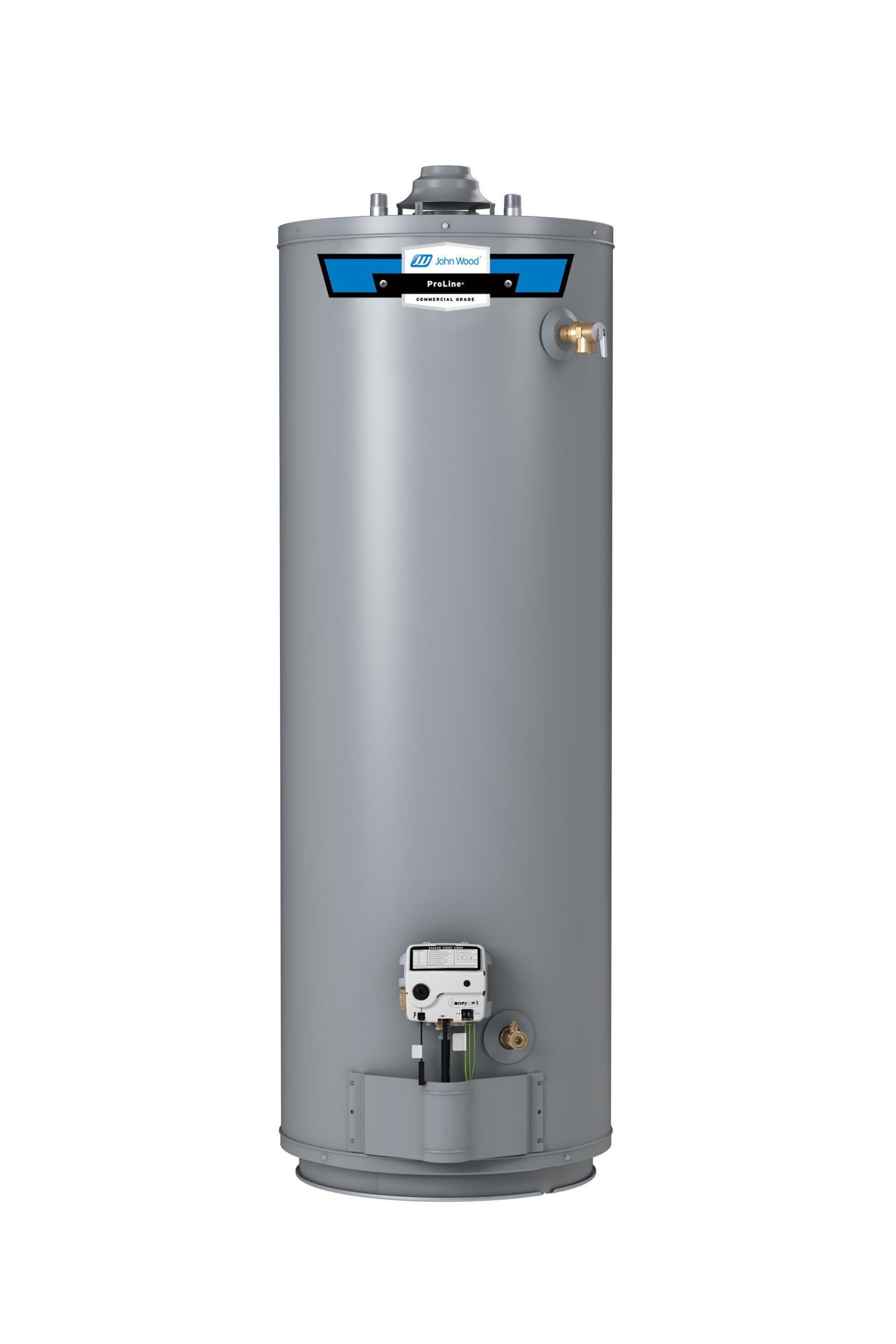 Chauffe-eau vertical cylindrique. Réservoir gris avec étiquettes bleues et blanches, sortie en laiton et panneau de commande à la base.
