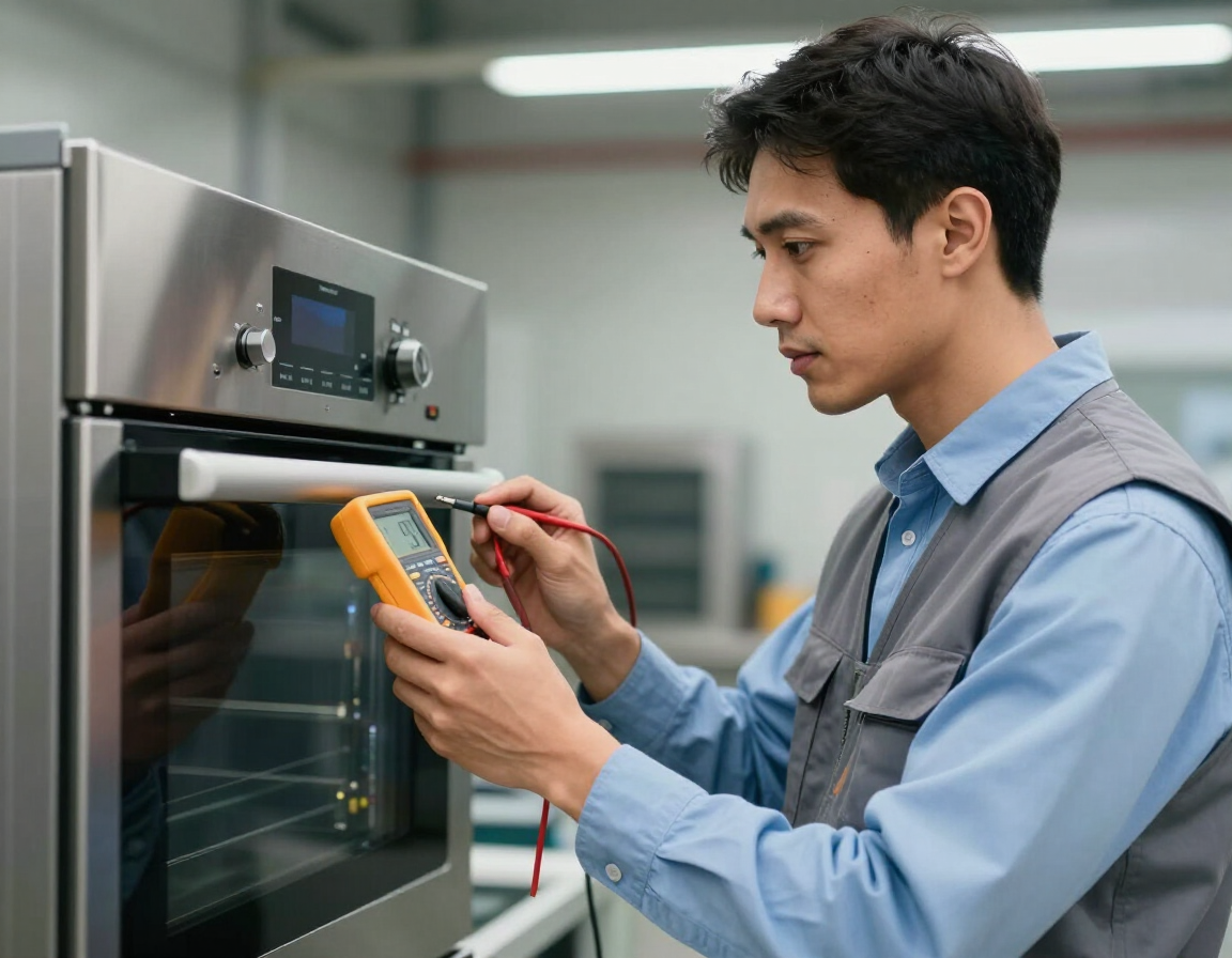 Technician testing an oven control panel