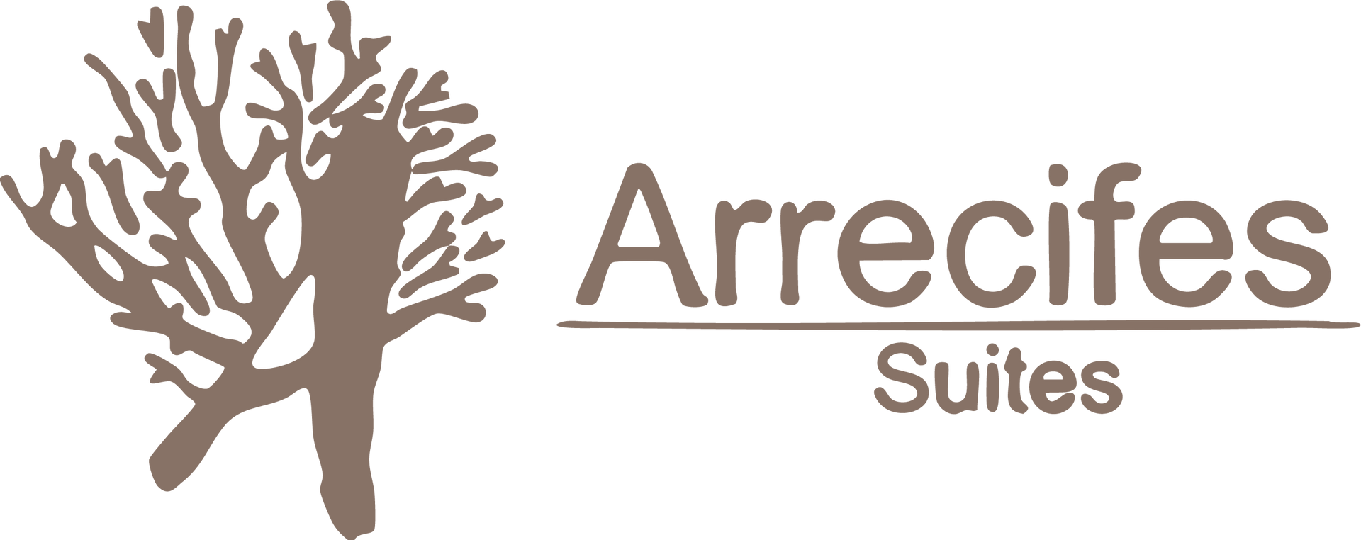 Logotipo con gráfico de árbol y el texto “Arrecifes Suites” en marrón.