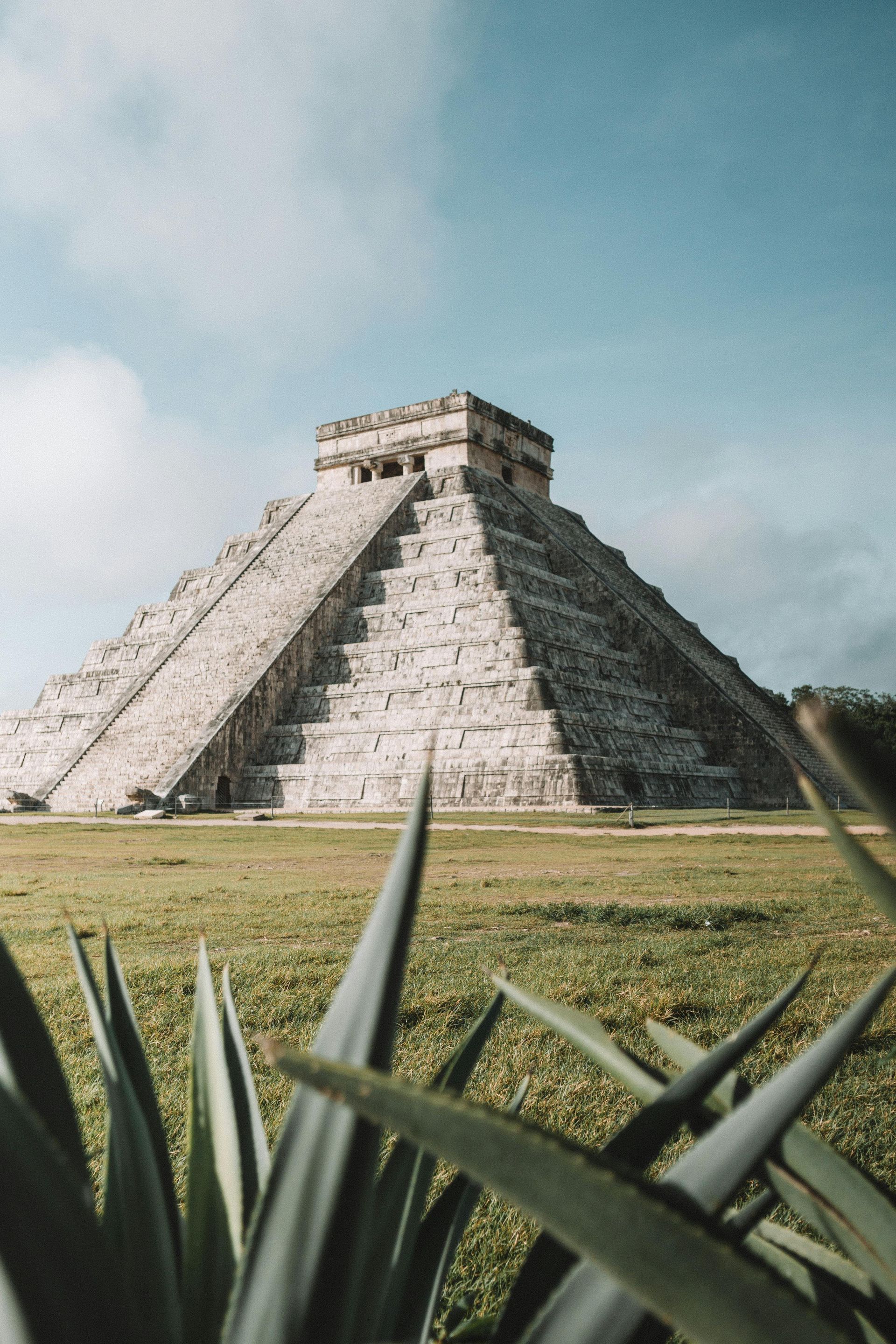 Chichen Itza pyramid under a partly cloudy sky, viewed from the grassy foreground with spiky plants.
