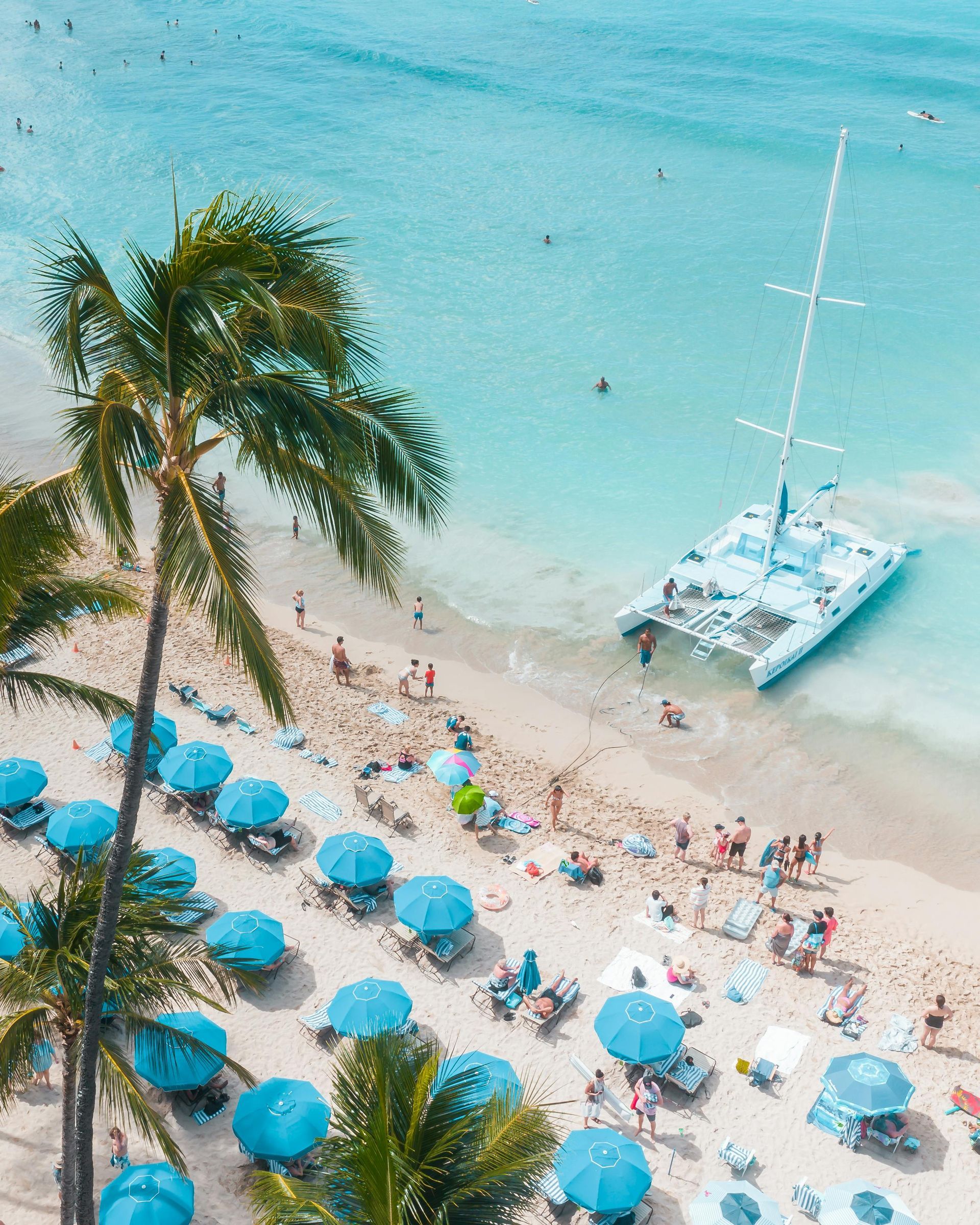 Beach scene with palm trees, blue umbrellas, and catamaran; tourists enjoying the sun and sea.
