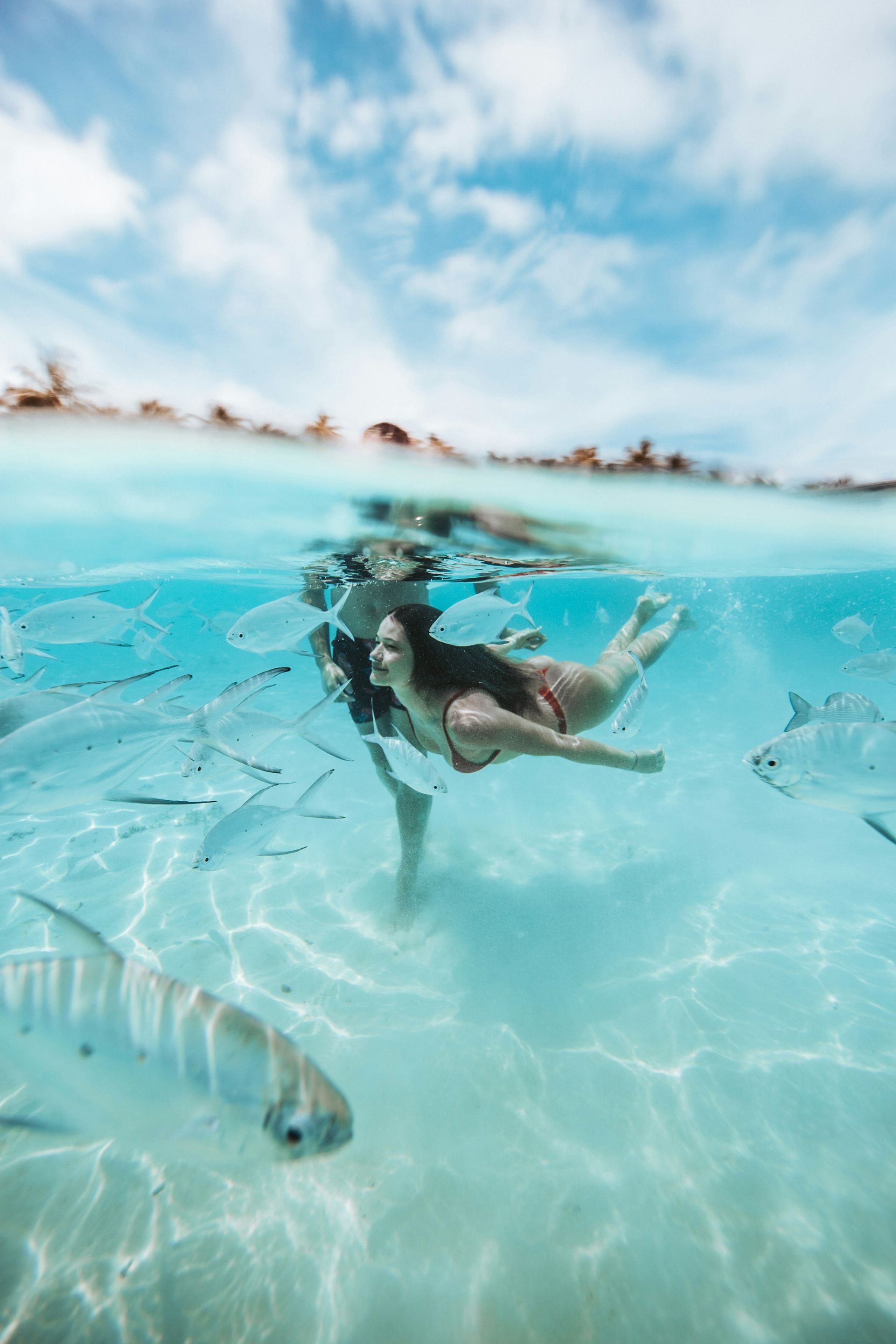 Woman snorkeling in turquoise water with fish; sunny sky in background.