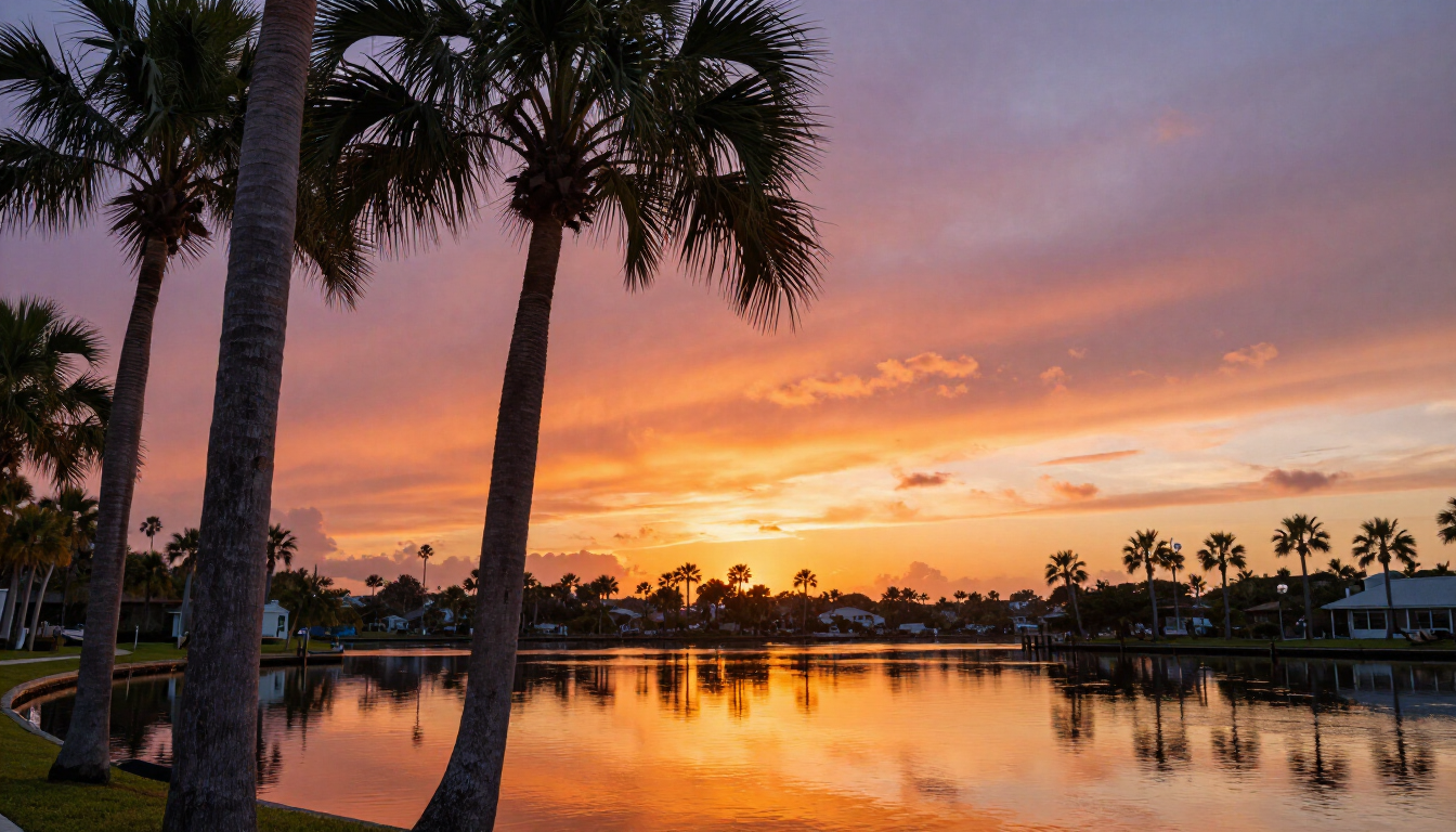 Stunning sunset over Charlotte Harbor Florida with palm trees.