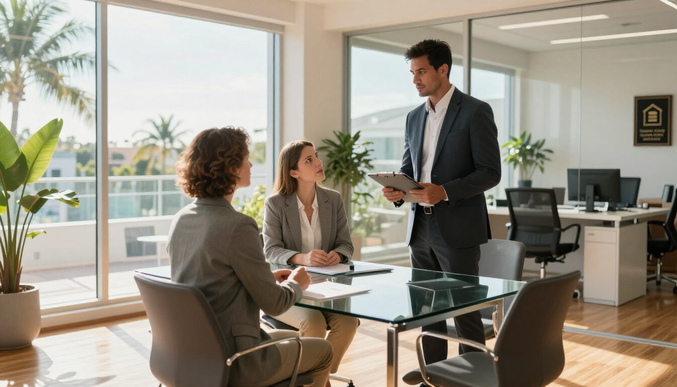 Professional real estate agent consulting with clients in a bright office environment.