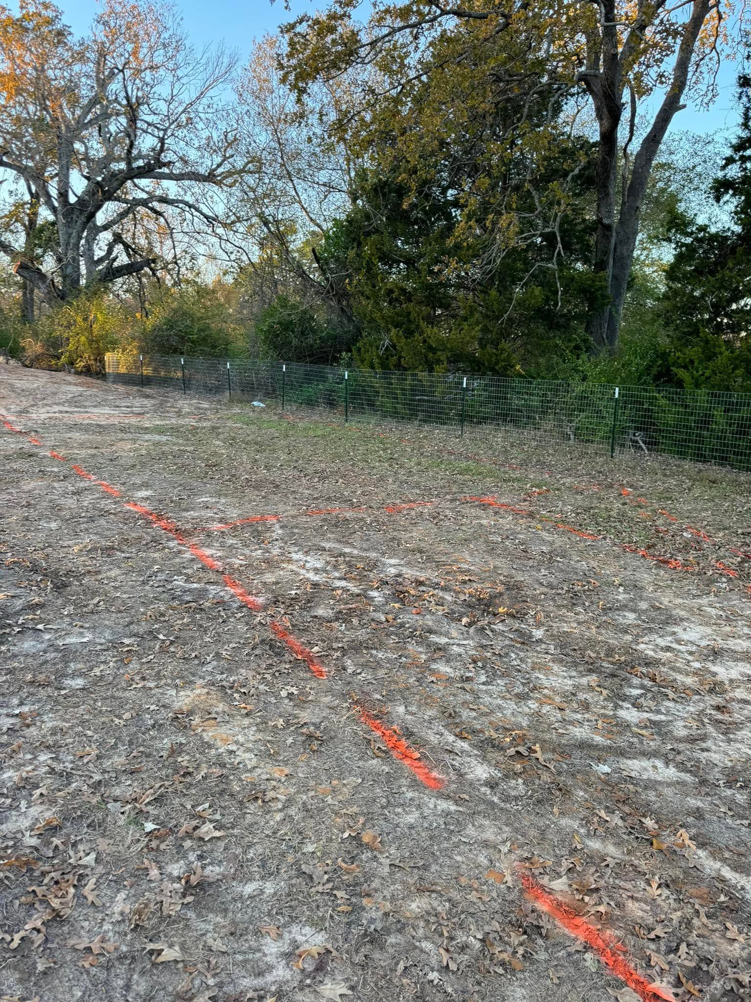 Gravel path in a wooded area marked with a red dashed line, with trees and shrubs on both sides