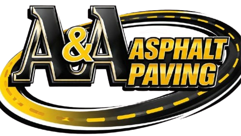 A&A Asphalt Paving logo with gold and black text on a black-and-yellow road graphic