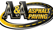 A&A Asphalt Paving logo with gold and black text on a black-and-yellow road graphic
