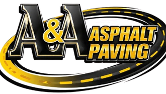 A&A Asphalt Paving logo with gold and black text on a black-and-yellow road graphic