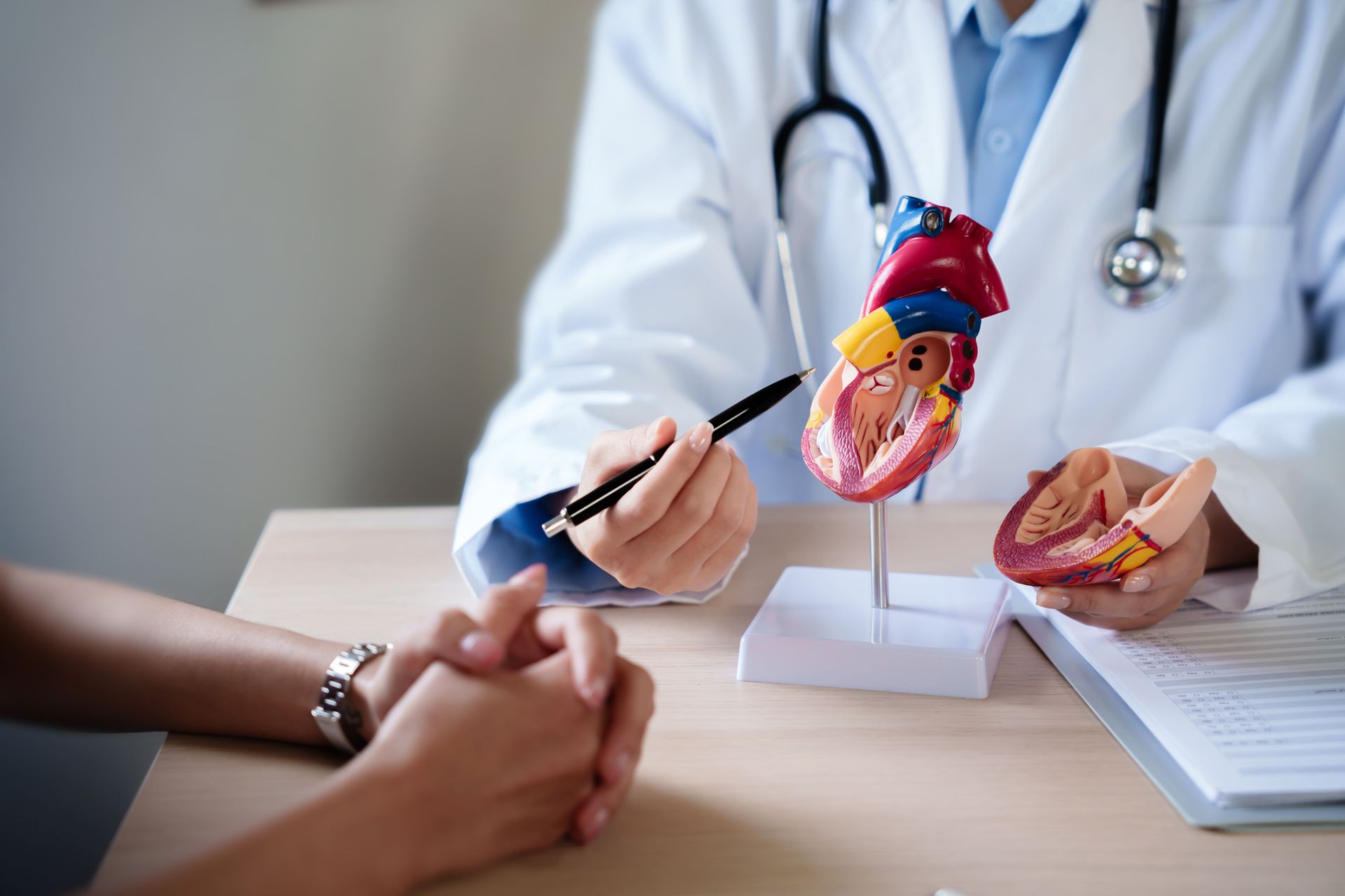 Médico apontando para um modelo de coração, explicando a um paciente sentado à mesa.
