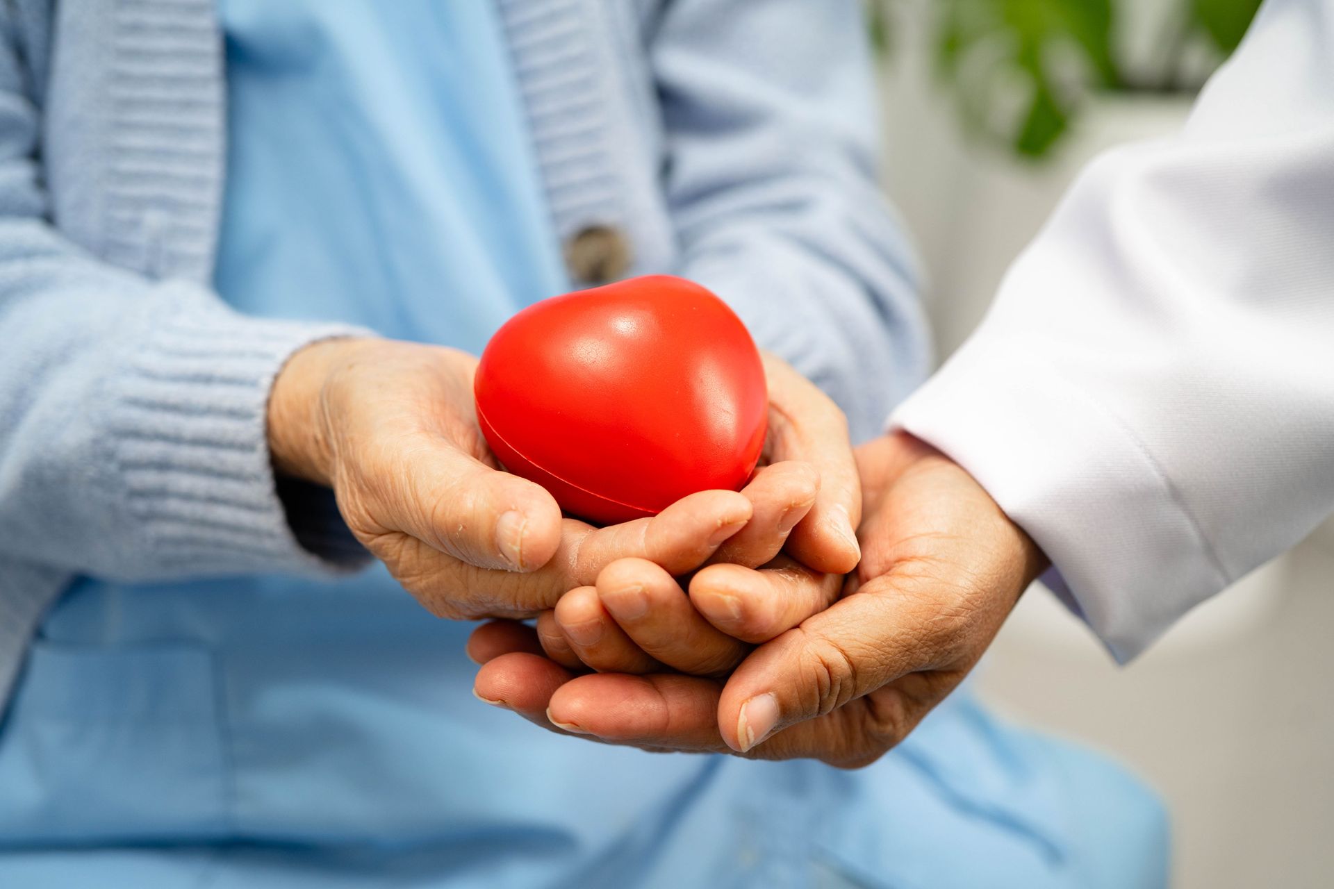 Mãos formando um coração vermelho; uma pessoa com um suéter azul, outra com um casaco branco.