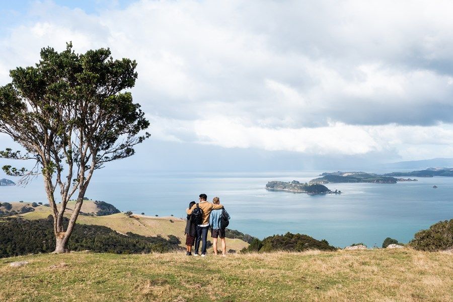 A group of people enjoying the view from Man O' War winery.