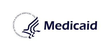 Medicaid logo with blue text and emblem on a white background